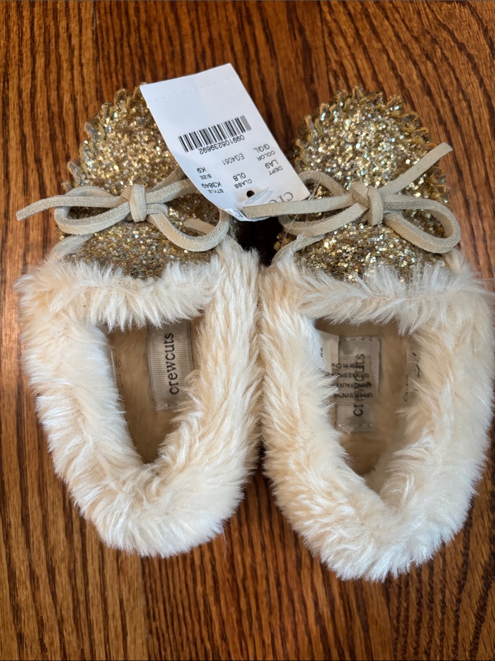Crewcuts Gold Glitter Moccasin Slippers with Cream Faux Fur